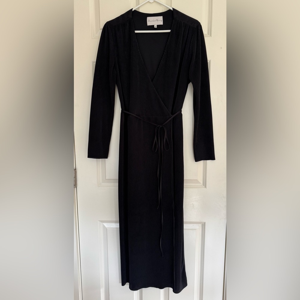 Charles Henry black pleated long sleeve maxi wrap‎ dress women’s size L